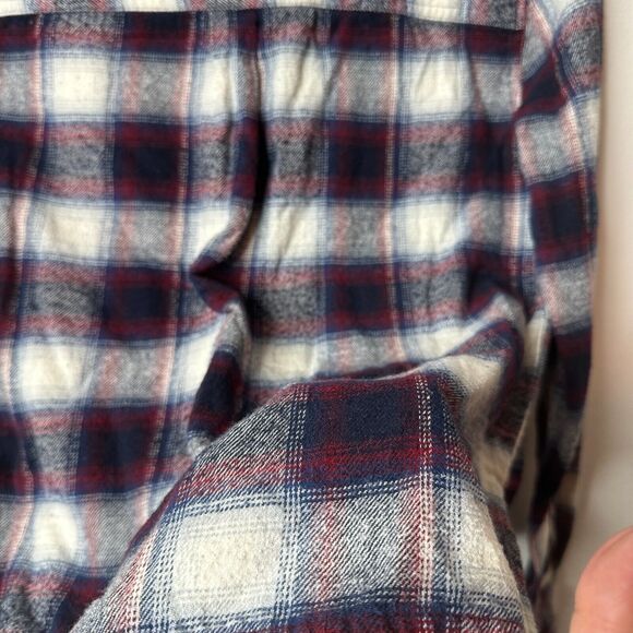 Black Red Blue White Plaid Cropped Long Sleeve Flannel Button Down Shirt M - Picture 7 of 11